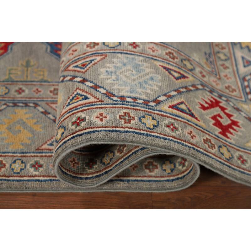 Gray Geometric Kazak Oriental Runner Rug Hand-Knotted Wool Carpet - 2'9" x 10'0"
