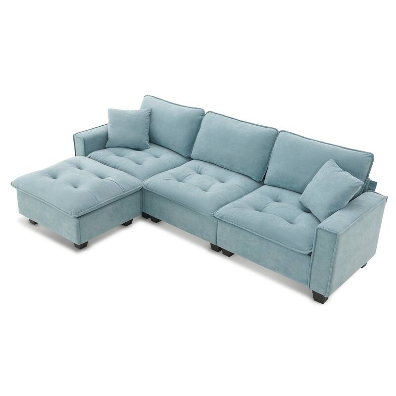 Modern Tufted Sectional Sofa with Luxurious Suede Fabric & Reinforced Legs - 4 Seat Sofa with Ottoman