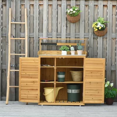 Outdoor Wooden Storage Table with Magnetic Doors and Hooks, 2-in-1 Tool Cabinet and Garden Work Table
