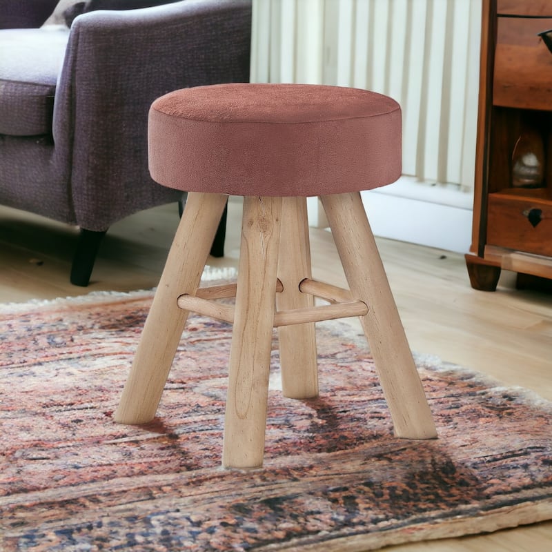 HomeRoots 12" Pink Velvet And Natural Round Ottoman