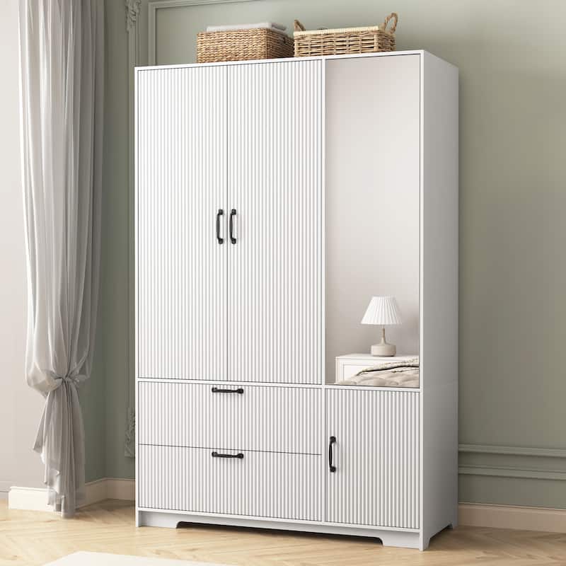 4 Doors Wardrobe Closet with Mirror, LED Wardrobe with Doors and 2 Drawers, Wooden Wardrobe Storage Cabinet with Hanging Rod
