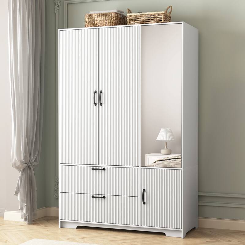 Wardrobe Closet with Automatic Motion Sensor Light, Half-length Mirror Door Armoire Storage Cabinet