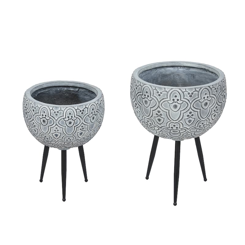 Grey MgO Floral Planters with Black Metal Legs (Set of 2)