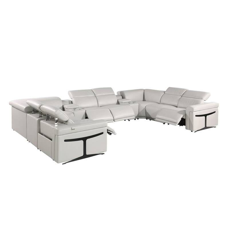 HomeRoots Light Gray Italian Leather Power Reclining U Shaped Ten Piece Corner Sectional With Console