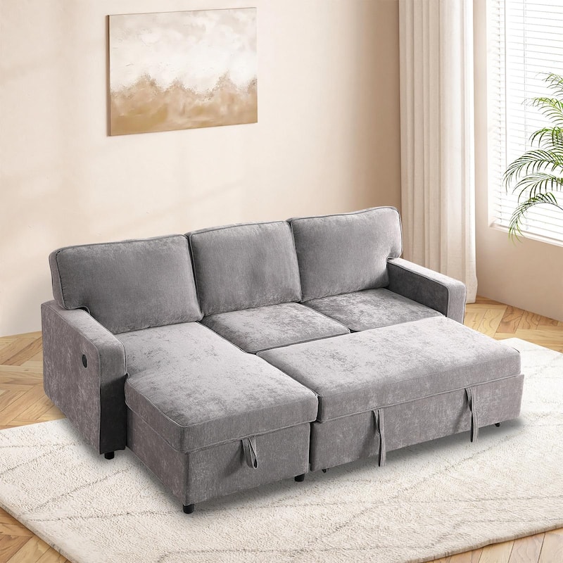 Chenille L-shaped Sectional Sofa with Pull Out Sleeper Bed, Reversible Storage Chaise, Folding Cup Holders and Charging Station