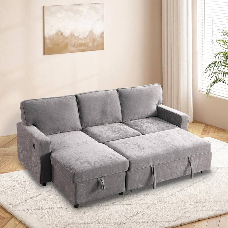 Upholstered Sleeper Sectional Sofa with Storage, USB Ports and Cup Holders, Multi-Functional Modern Sectional Sofa