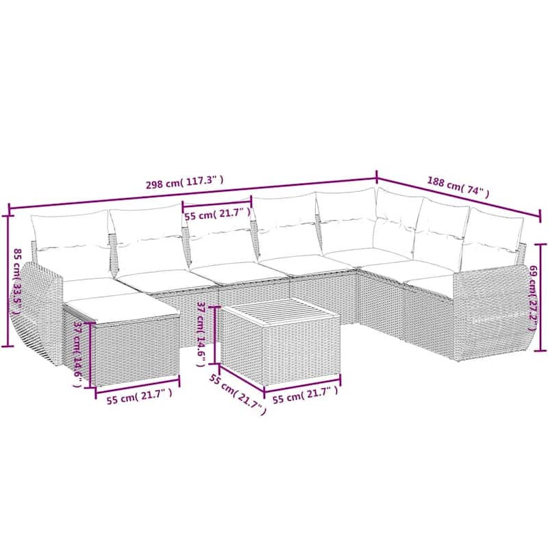 vidaXL 9 Piece Patio Sofa Set with Cushions Black Poly Rattan - 24.4x 24.4x 27.2