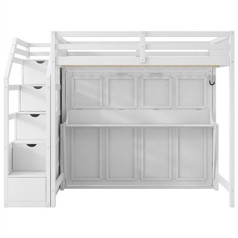 Full XL Size Loft Bed with Storage Staircase and Full Size Murphy Bed, Pine Wood Bunk Bed with LED Light and Desk