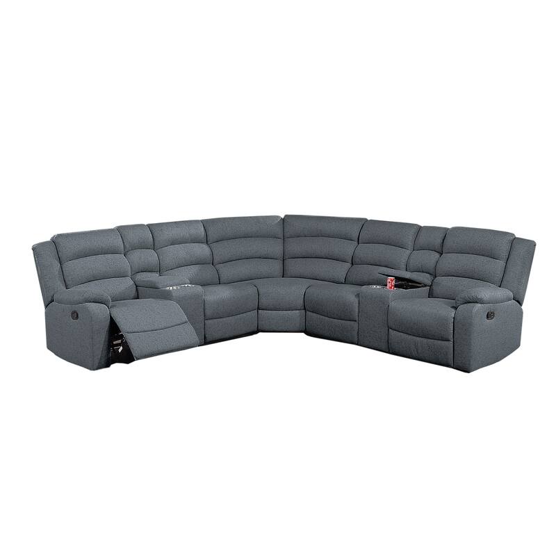 3 Piece Burlap-Like-Fabric Reclining Sectional Set with Console - Dark Gray