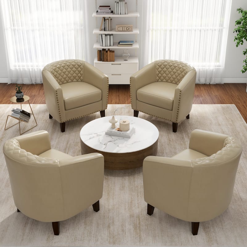 Faux Leather Tufted Nailheads Upholstered Barrel Accent Chairs - 4 Set - Beige