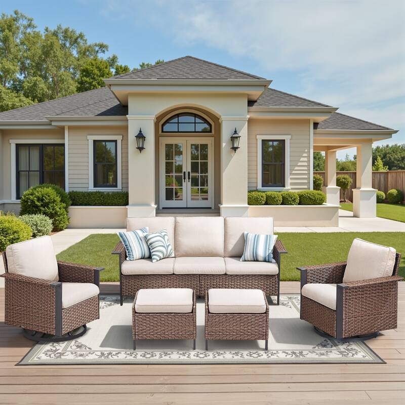 Pocassy Outdoor Wicker Sofa Glider Chair with Ottoman Set - Brown Wicker Beige Cushion - 4-Piece Sofa Swivel Chair with Ottoman