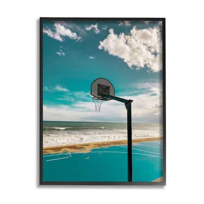 Stupell Vibrant Blue Basketball Hoop Coastal Beach Court Framed Wall Art