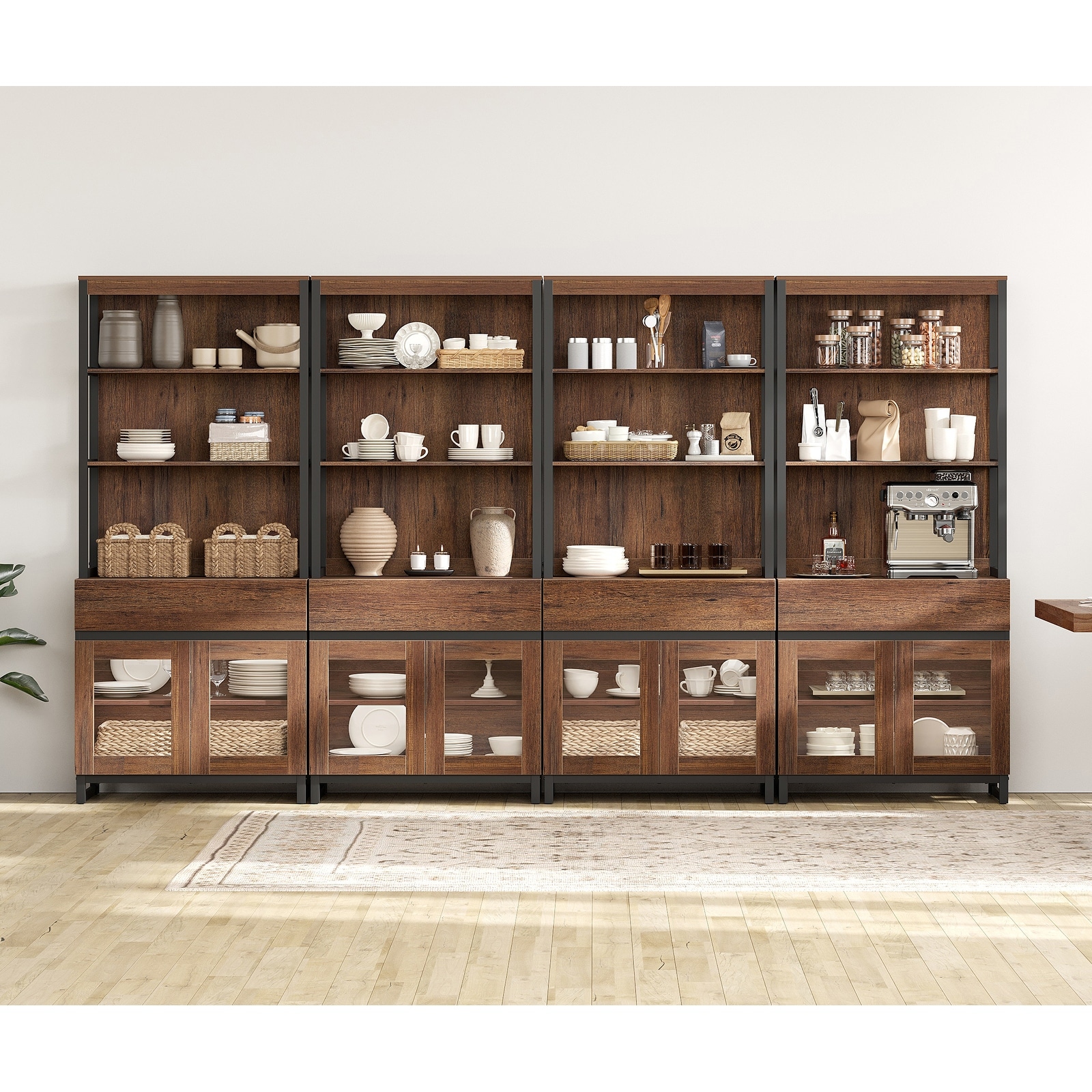 4 PCS Modern 72" Tall Buffet Cabinet with 4 Drawers and Open Shelves, Storage Cabinet for Dining Room or Kitchen