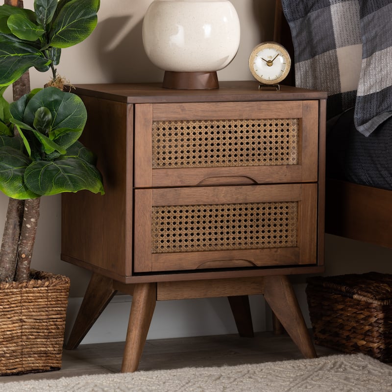 Barrett Mid-Century Modern Wood and Synthetic Rattan Nightstand
