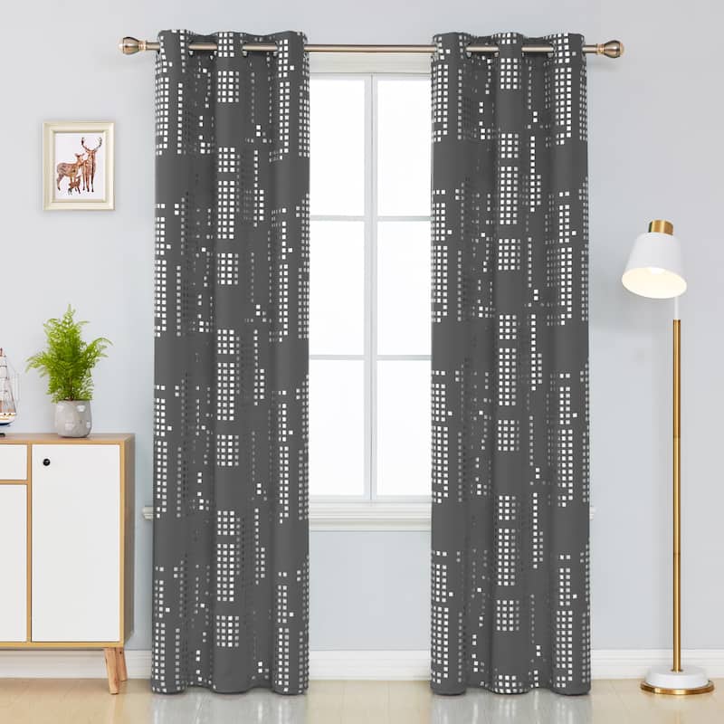 Room Darkening Silver Foil Pattern Grommet Curtains 2 Panels - 52 x 95 Inch - Grey