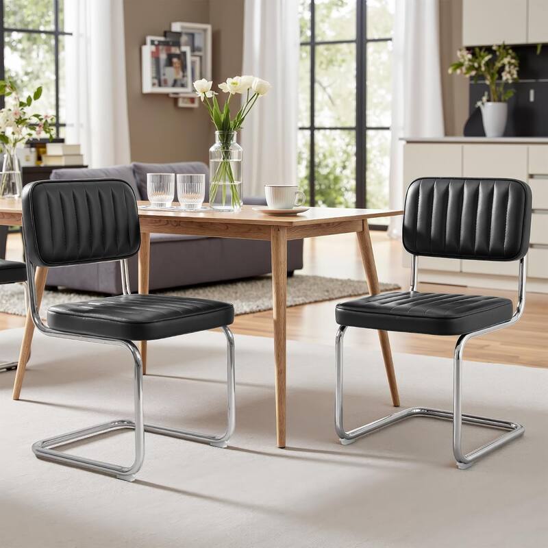 Faux Leather Mid-Century Modern Upholstered Armless dining Chairs with Metal Legs,Black,Set of 2,