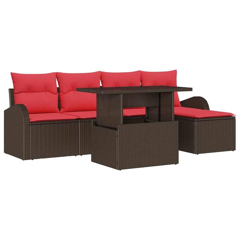 vidaXL 6 Garden Sofa Set with Cushions Black/Brown/Grey Poly Rattan - 90.9 x 24.4 x 27.2
