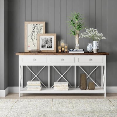 Farmhouse Console Table 71 Inch Wood Entryway Hallway Living Room Sofa Table with 3 Drawers and Bottom Shelf