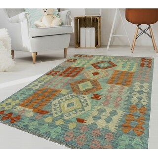 Hand-Woven Sangat Kilim Zaida Lt. Blue/Orange Rug - 3'3" x 4'8"
