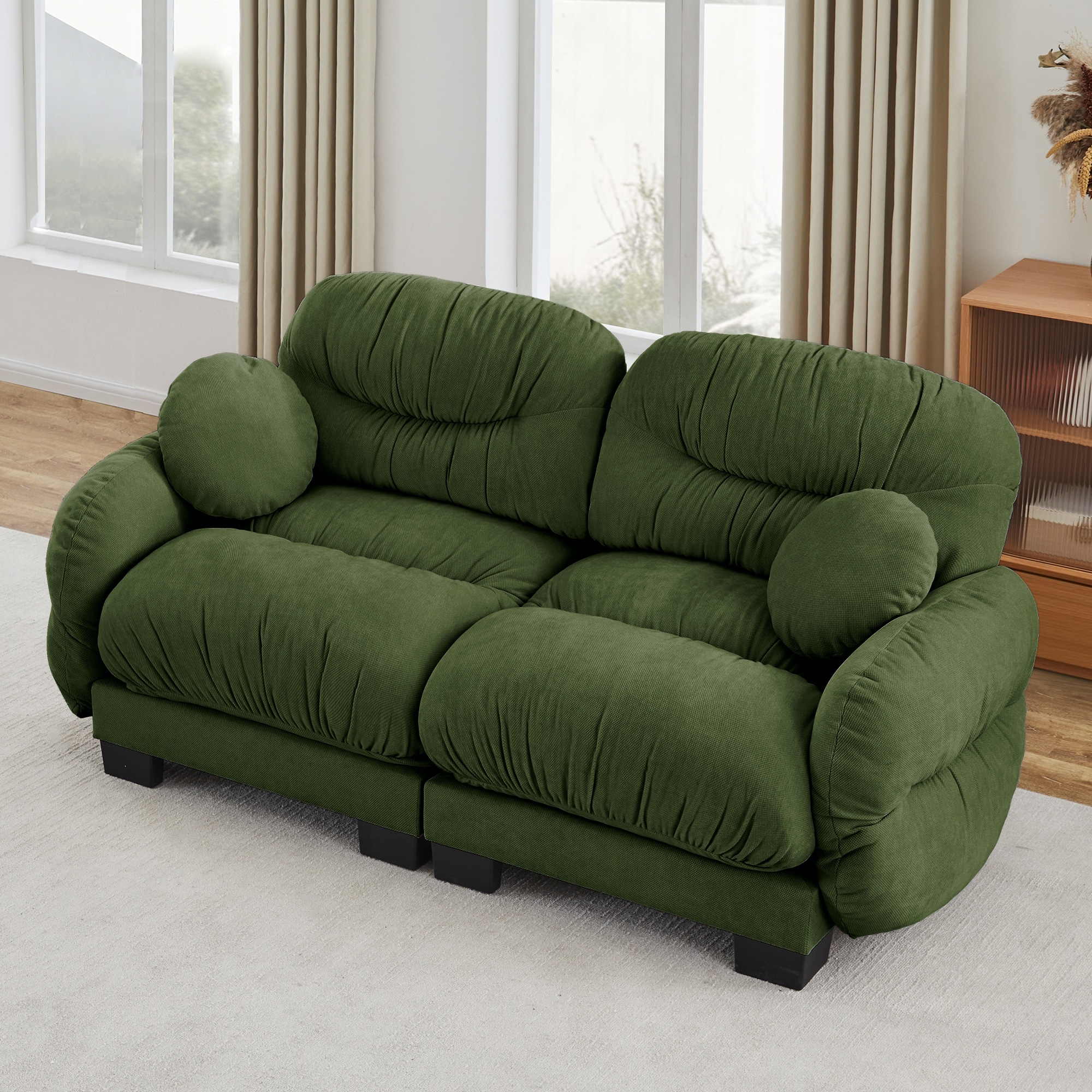 2 Seater Modular Sofa with Round Armrests, Green Loveseat Sofa Couch Accent Couch with 2 Round Throw Pillows