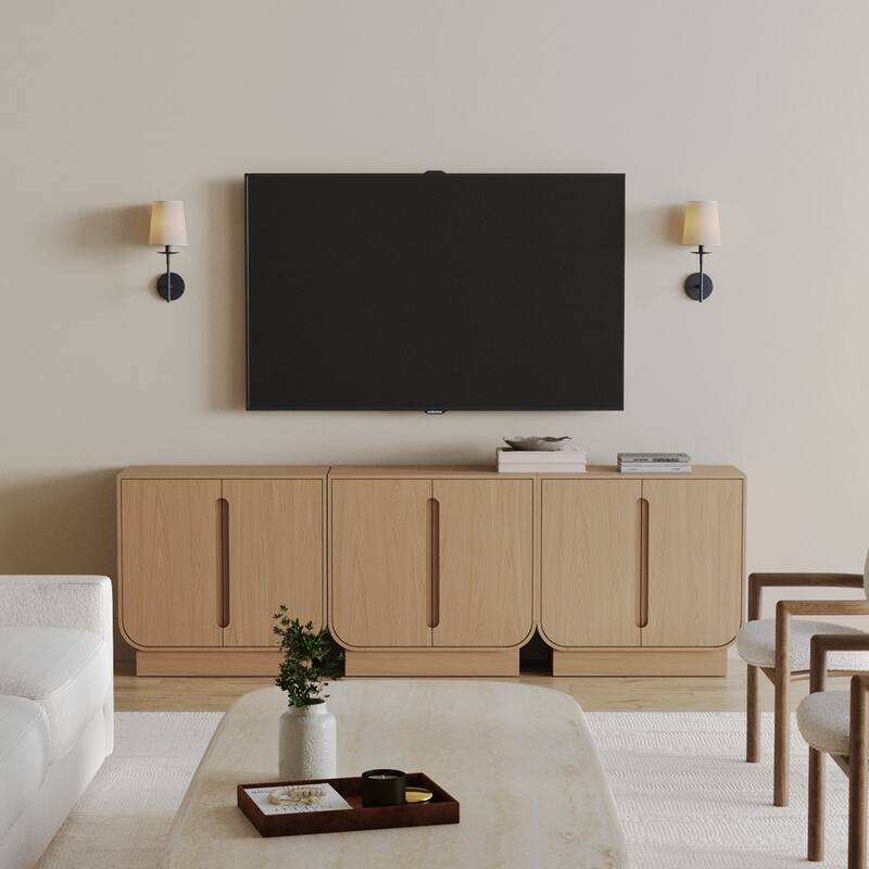 Joey Mid Century Modern Storage Cabinet, Arched Accent Cabinet with Rounded Bottom Edges and Integrated Door Pull Cutouts - Set of 3 - Raw Oak