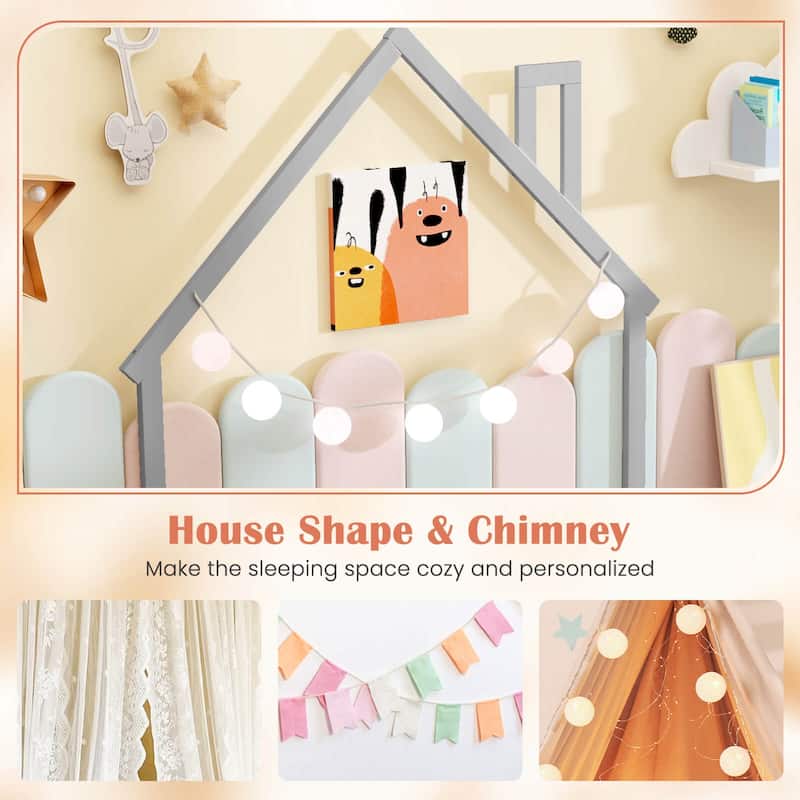 Costway Twin Size Floor Bed for Kids with Chimney Headboard & Handrail