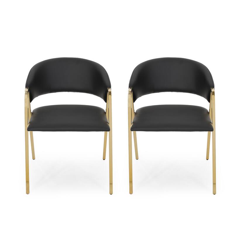 Dining Chair Set of 2, Modern Black Faux Leather, Gold Metal Legs