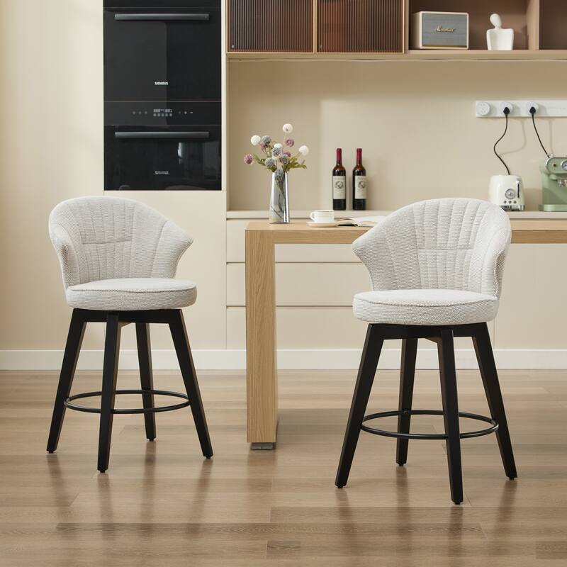 Set of 2 Chenille Upholstered Swivel Bar Stools with Solid Wood Legs and Wing Back