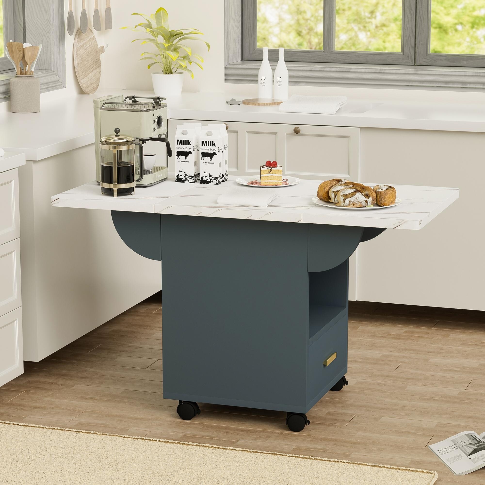 Wood Folding Kitchen Table with Wheels Storage Rack and 1 Drawers Bed Bath Beyond 41633349