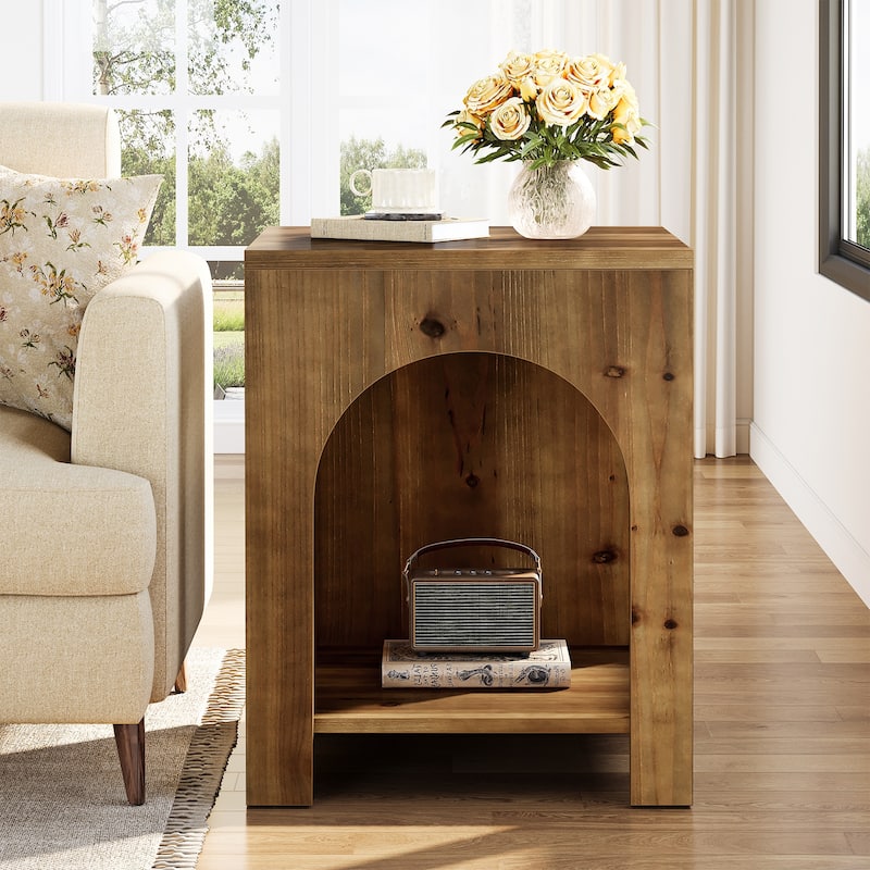 2 Tier End Table for Living Room, Square Couch Side Table for Bedroom, Farmhouse Style