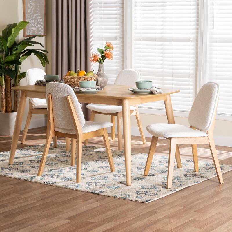 Jennica 5-Piece Dining Set - Solid Wood Table with Boucle Upholstered Chairs, Mid-Century Modern Dining Furniture