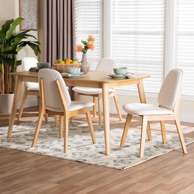 Jennica 5-Piece Dining Set - Solid Wood Table with Boucle Upholstered Chairs, Mid-Century Modern Dining Furniture