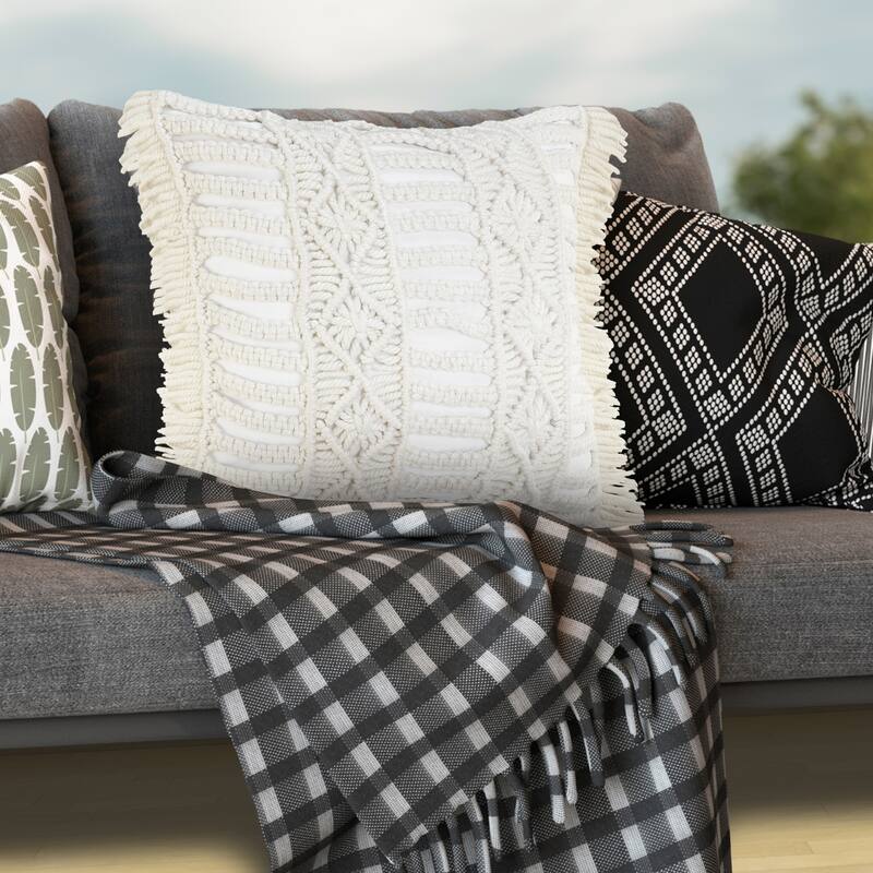 Handwoven Macrame Striped Square Throw Pillow - 20" - White