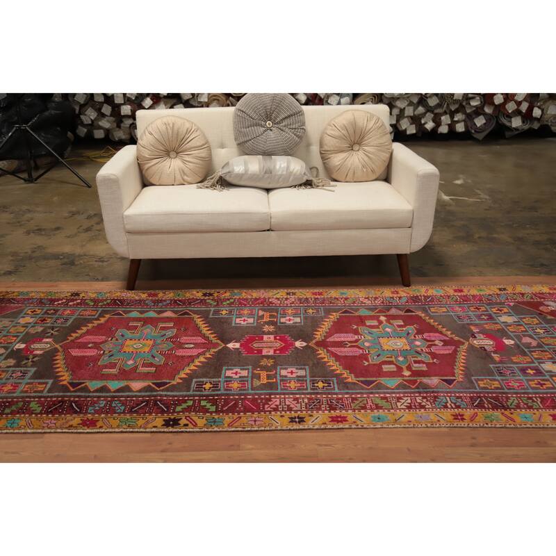 Hand Knotted Oriental 100% Wool Carpet Traditional Tribal Greys & Charcoal Ardebil Runner Rug - 10' 4'' X 3' 10''