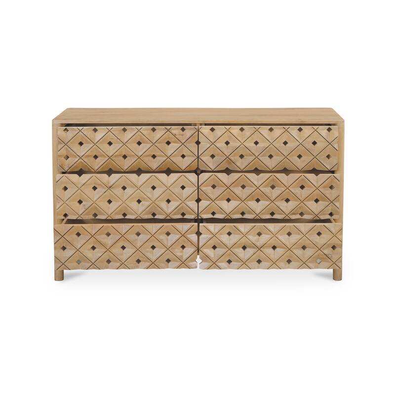 NADAAL STUDIOS Talric Natural Mango Wood 6-Drawer Dresser with Geometric Carved Front