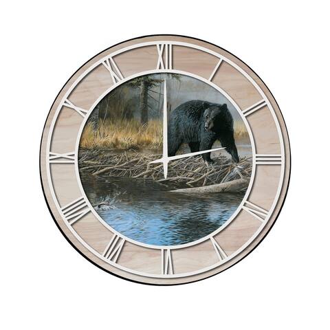 Wall Clock with Natural Woodgrain Accent - No Trespassing Bear - White Numbers - 24" x 24"