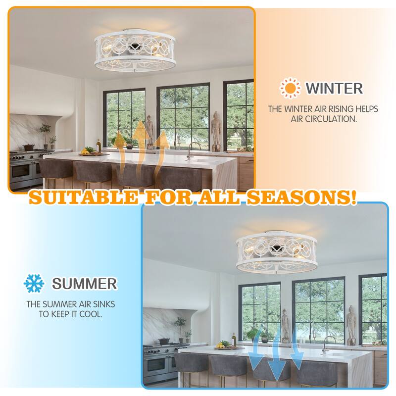 20" Flush Mount Caged Ceiling Fan with Light and Remote, Distressed White Metal 3-Speed Reversible Dc Motor