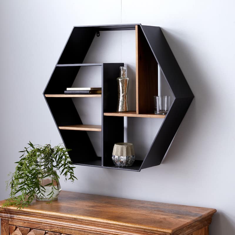 Wood 5 Shelves Wall Shelf - Black - Roche River Decor - 7"W x 30"L x 26"H