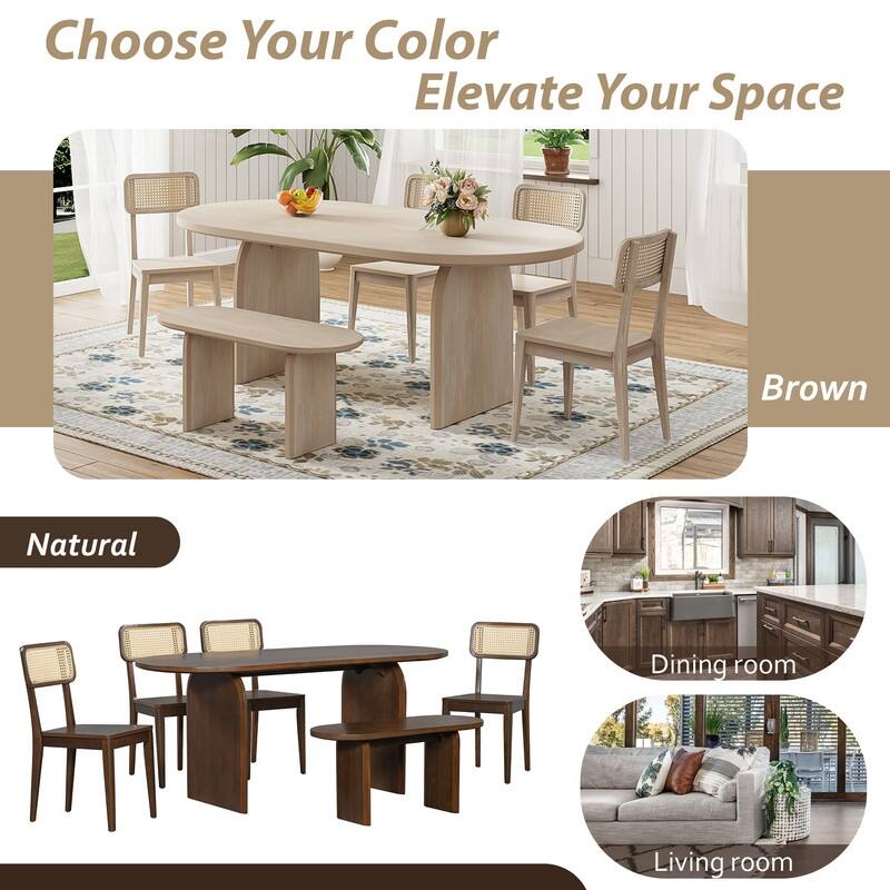 Oval Dining Table Set for 6 with Rattan Backrest Chair, 6-Piece Mid Century Modern Farmhouse Table with Chairs and Bench