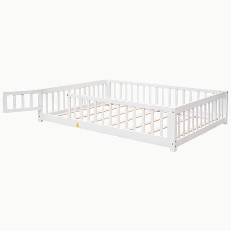 Pine Wood Floor Platform Bed with Fence and Door