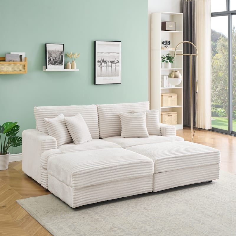 Corduroy Sleeper Sectional Sofa Loveseat Couch with 2 Storage Ottomans