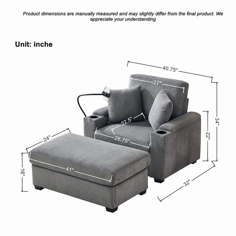 55"Oversized Chaise Lounge Chair with Ottoman and Storage,Sleeper Chair with Cup Holder,Mobile Phone Stand&USB Charging Port