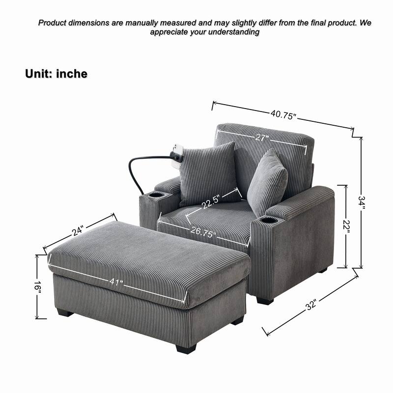 Chaise Lounge Chair with Storage Ottoman, Leisure Armchair with Cup Holder, Accent Chair with USB Charging Port