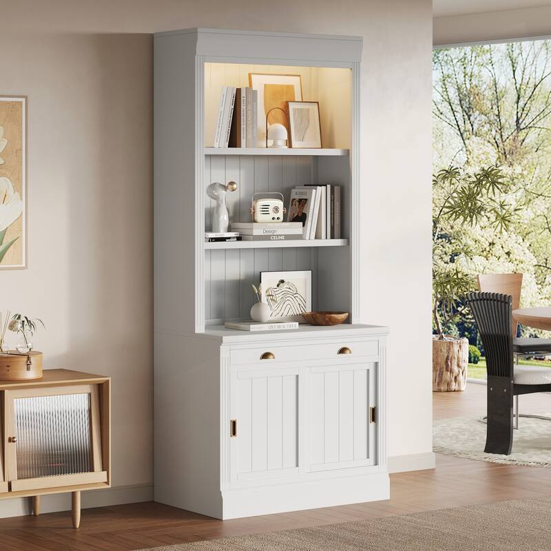 Modern Tall Bookshelf with LED Lighting and Versatile Storage Options - White