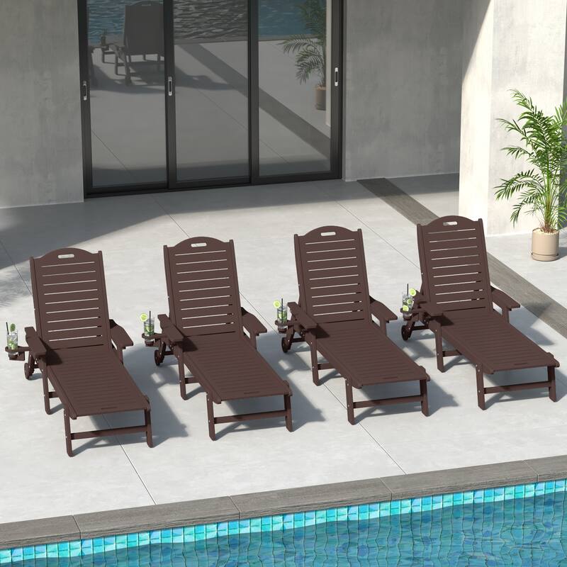 Brighton Outdoor Poly Reclining Chaise Lounge with Wheels & Cup Holder (Set of 4)
