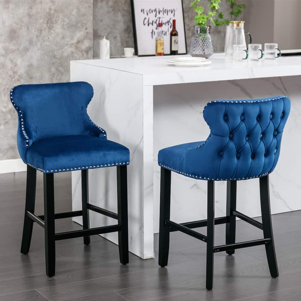 Furniture Blue Velvet Wingback Bar Stools Set of 2, Button Tufted with Wood Legs & Chrome Nailhead Trim