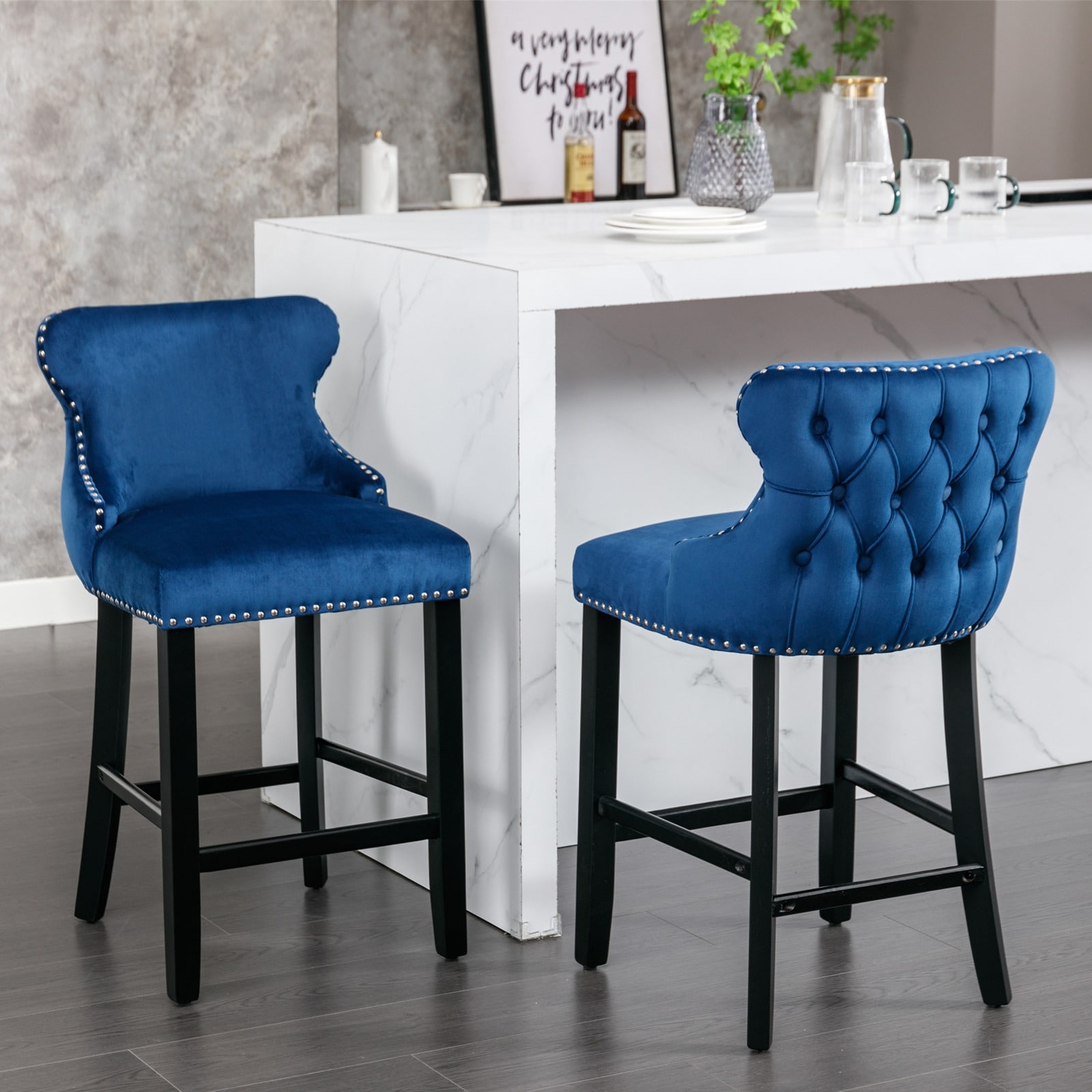 Roomfitters Velvet Wing-Back Bar Stools Set of 2, Tufted Upholstered Counter Chairs with Nailhead Trim and Wooden Legs