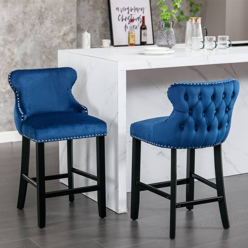Upholstered Wing-Back Barstools Set of 2/4, Leisure Bar Chairs with Button Tufted Decoration, Wooden Legs and Nailhead Trim - Set of 2 - Blue