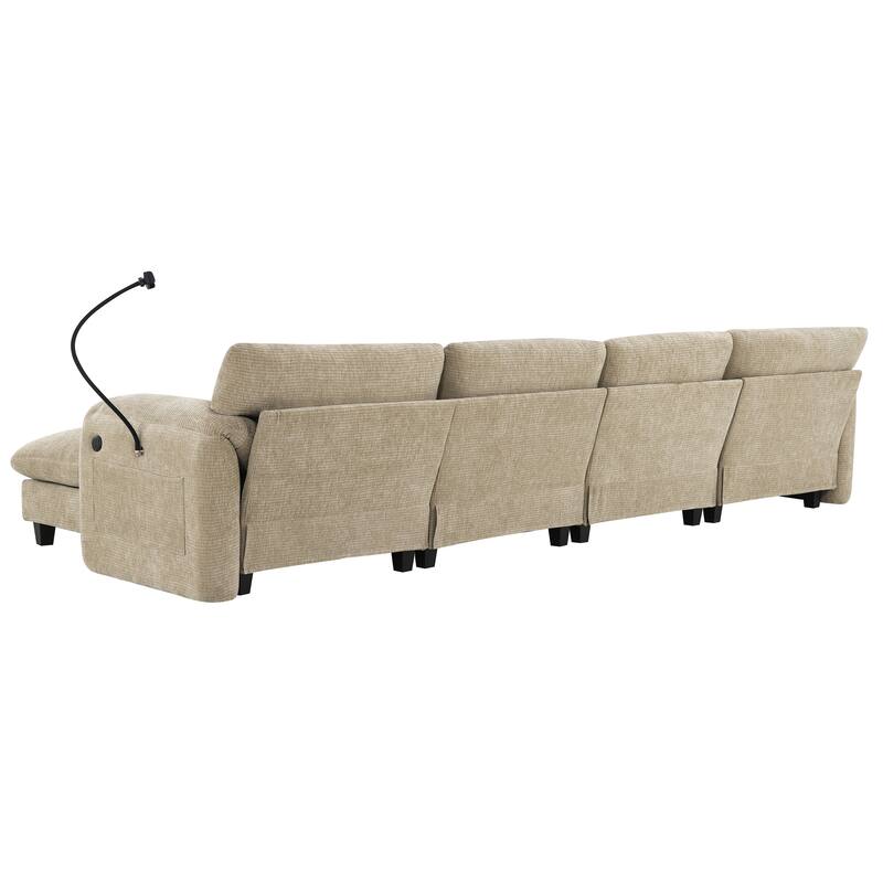 Striped Chenille Modular Sectional Sofa Set with Movable Ottoman, Phone Holder, Dual-Port Charging, 2 Side Storage Pockets