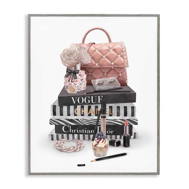 Stupell Fashion Bookstack Purse Perfume Pink Glam Design Framed Wall Art